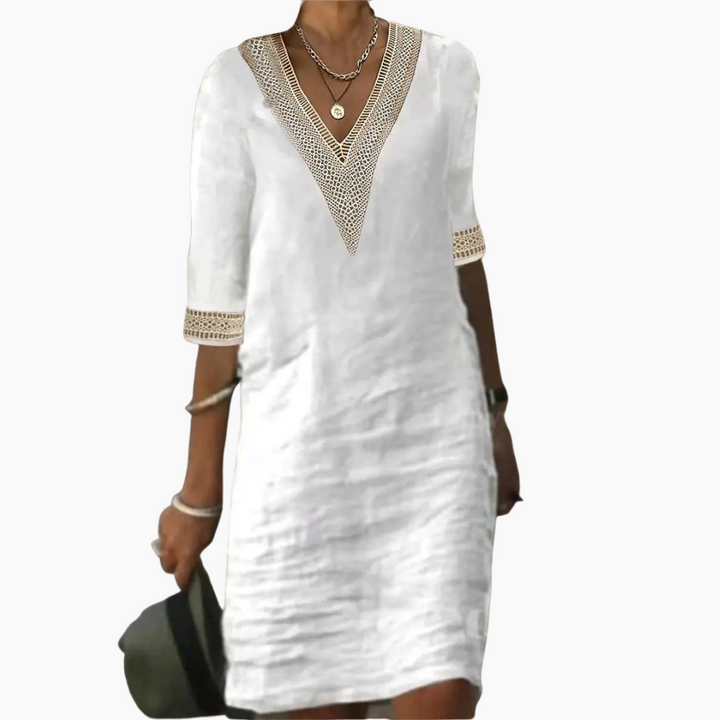 Damen Freizeitkleid Mit V-Ausschnitt | Spitzen-Detail & 3/4-Arm