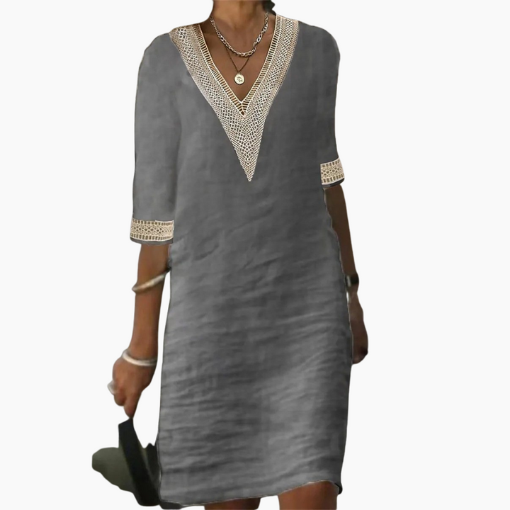 Damen Freizeitkleid Mit V-Ausschnitt | Spitzen-Detail & 3/4-Arm
