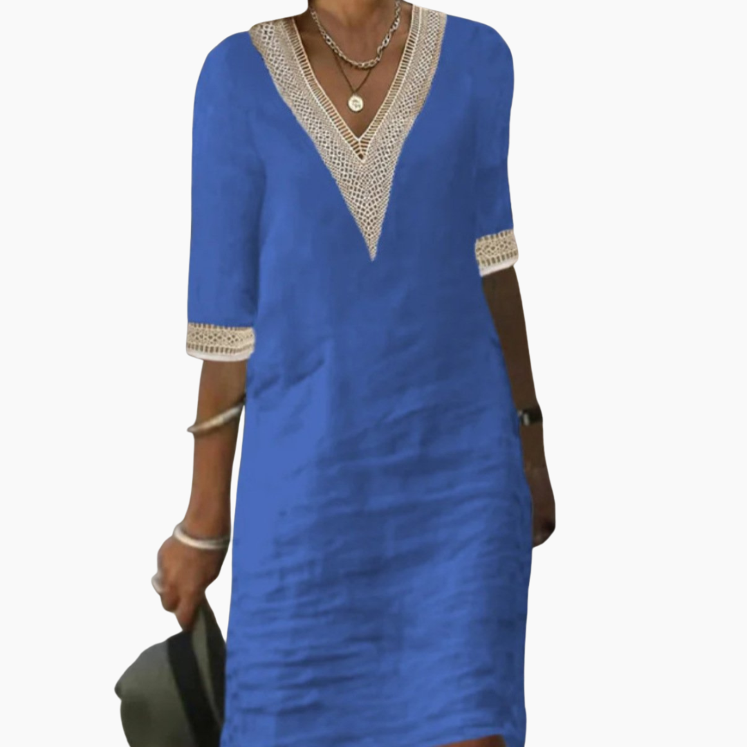 Damen Freizeitkleid Mit V-Ausschnitt | Spitzen-Detail & 3/4-Arm